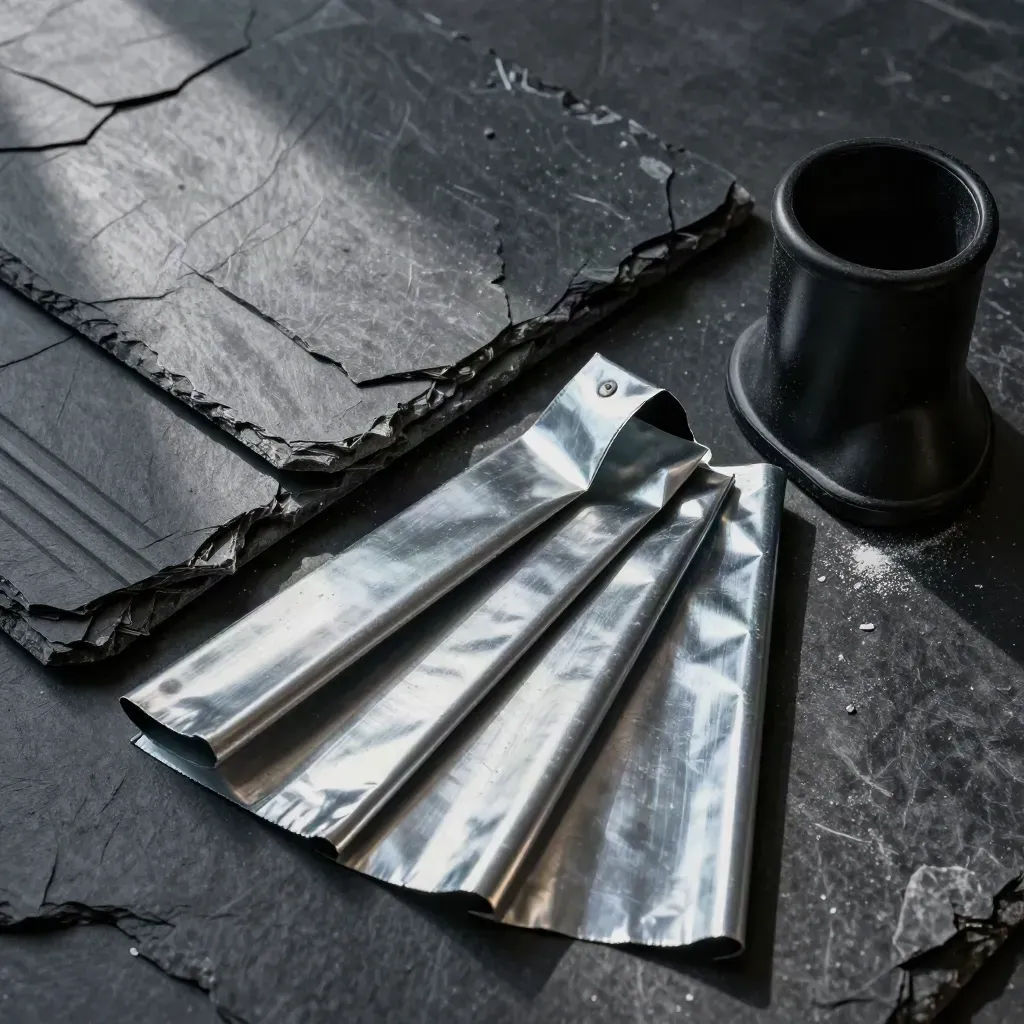Roofing slate, ridge-cap sample, flashing and pipe boot on dark slate in soft daylight.