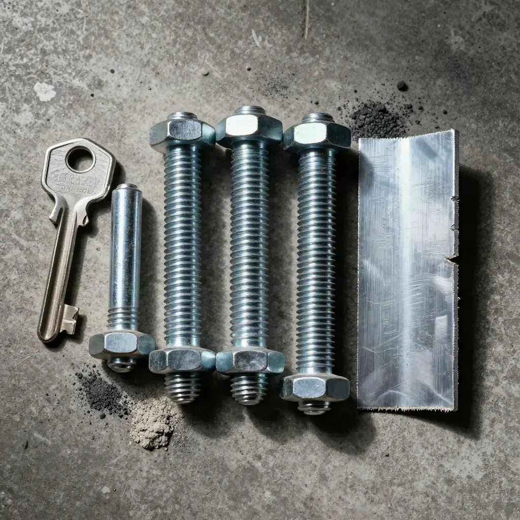 Overhead cluster of connector plates, anchor bolts, and steel plate on rough concrete