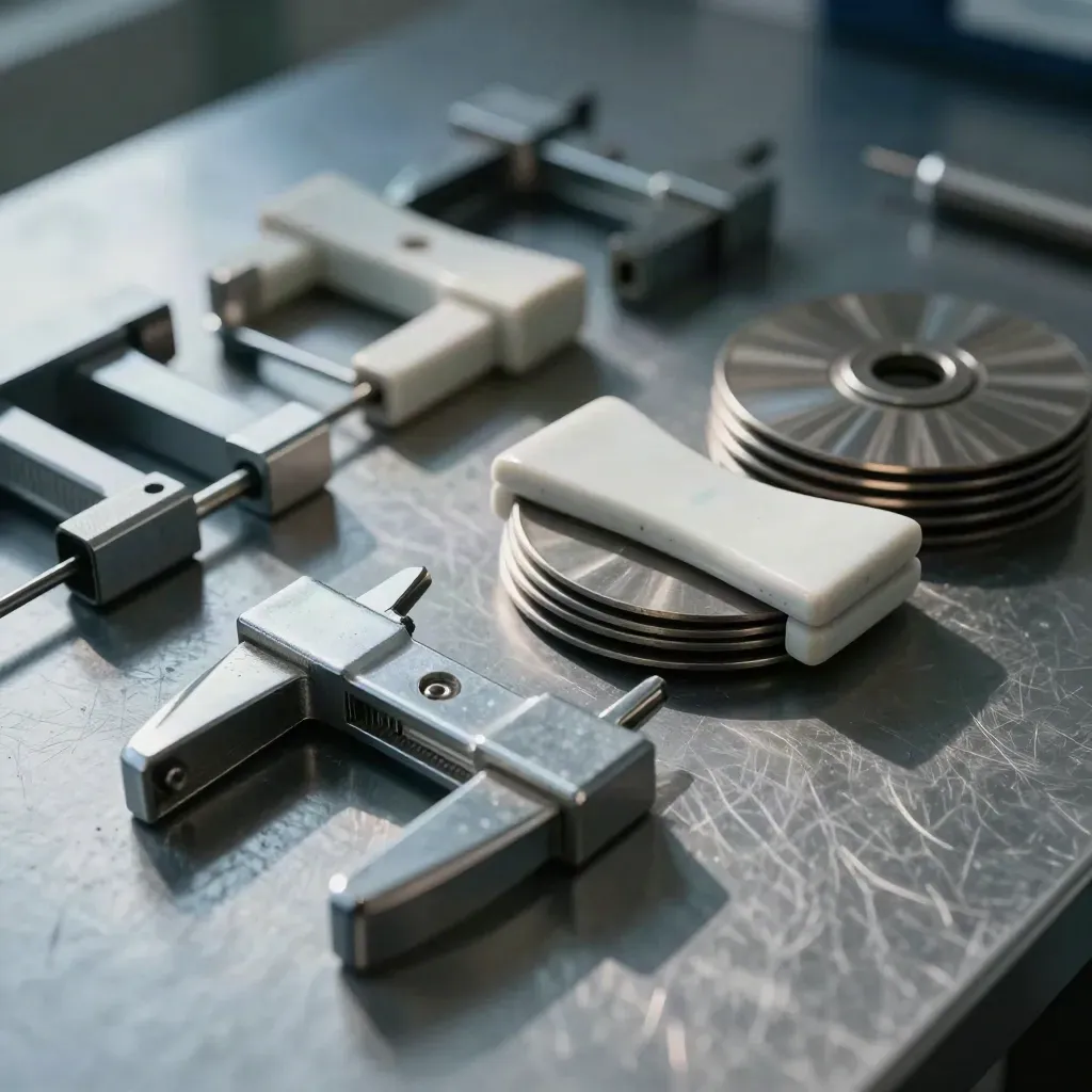 Precision lab clamps, ceramic spacers, and filter discs on brushed steel with cool blue light.