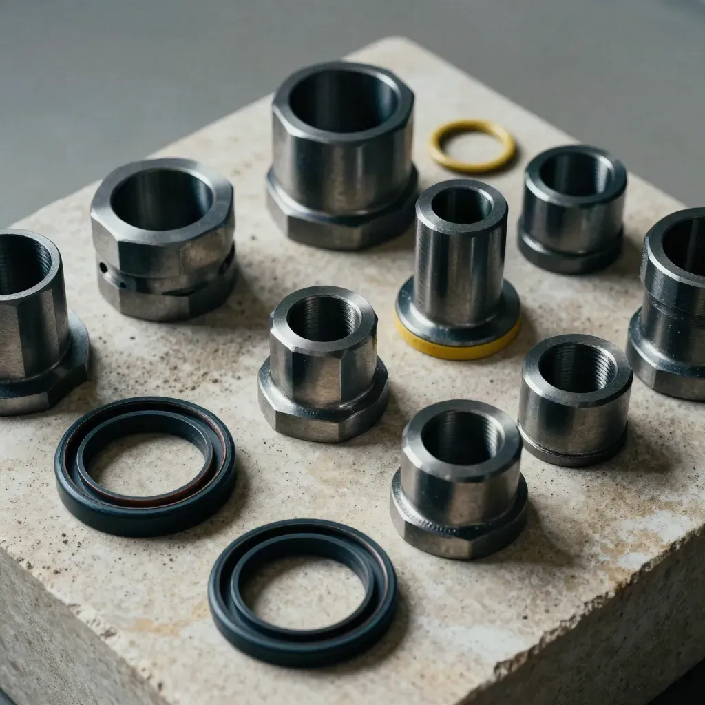 Top-down still life of pipe flanges, gasket rings, and washers on pale stone with yellow accent