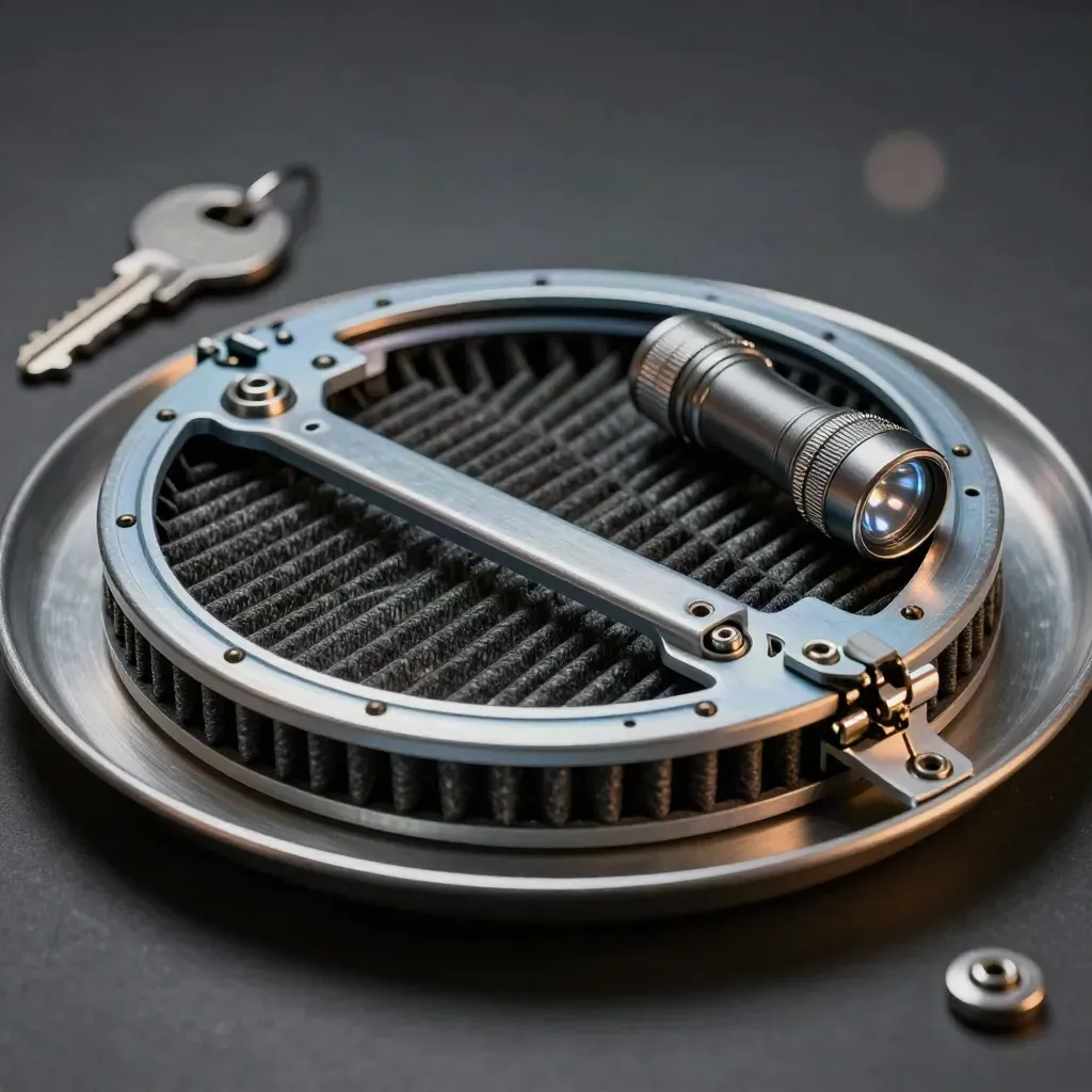 Facilities maintenance tools arranged on brushed aluminum in dramatic low light