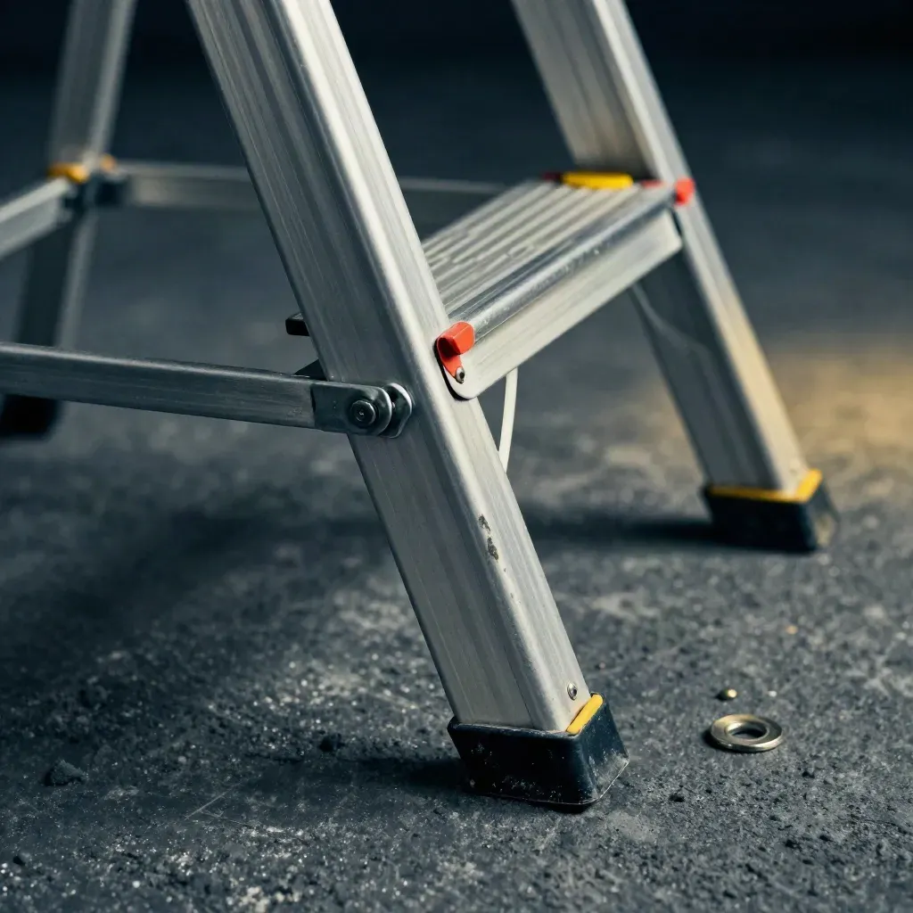 Locked-open aluminum step ladder macro with hinge, tread, foot, and top cap on concrete.