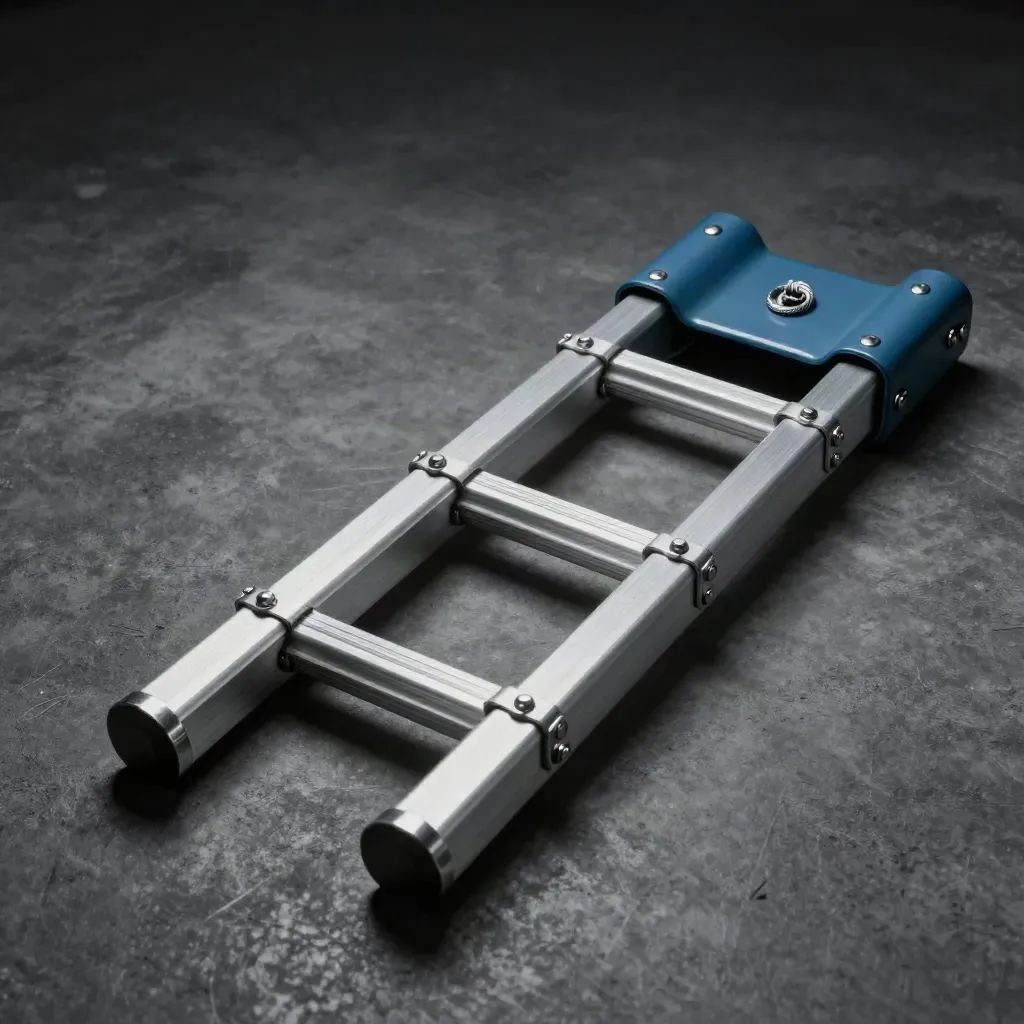 Extension ladder rails and pulley head in dramatic low-key studio light