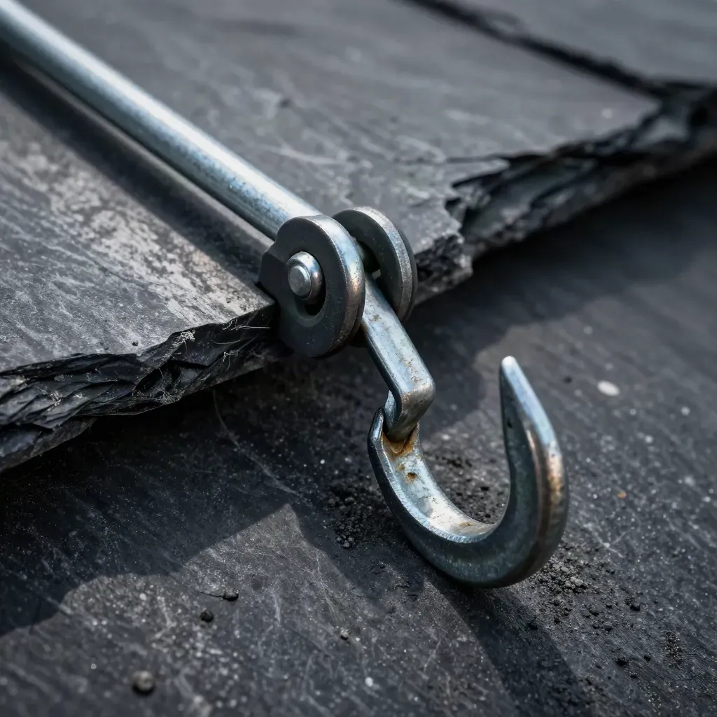 Roof ladder hooks and rubber stand-offs braced on a slate roof edge sample.