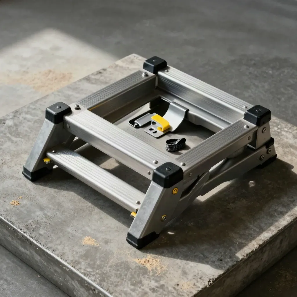 Overhead platform ladder deck and guardrail sockets on concrete with soft shadows