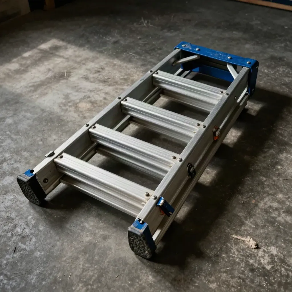 Collapsed platform ladder with nested braces and rubber feet on concrete, top-down macro.