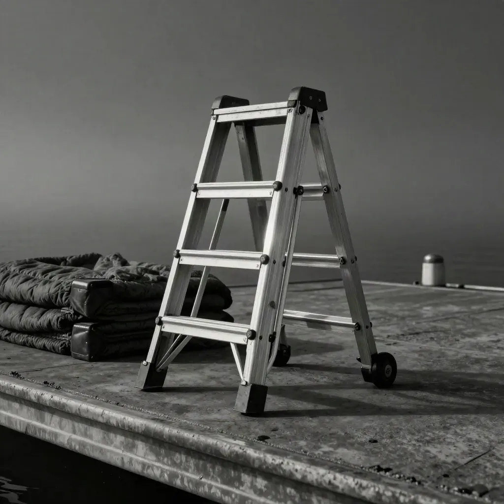Folded extension ladder with dock gear on a loading bay floor in dawn fog.
