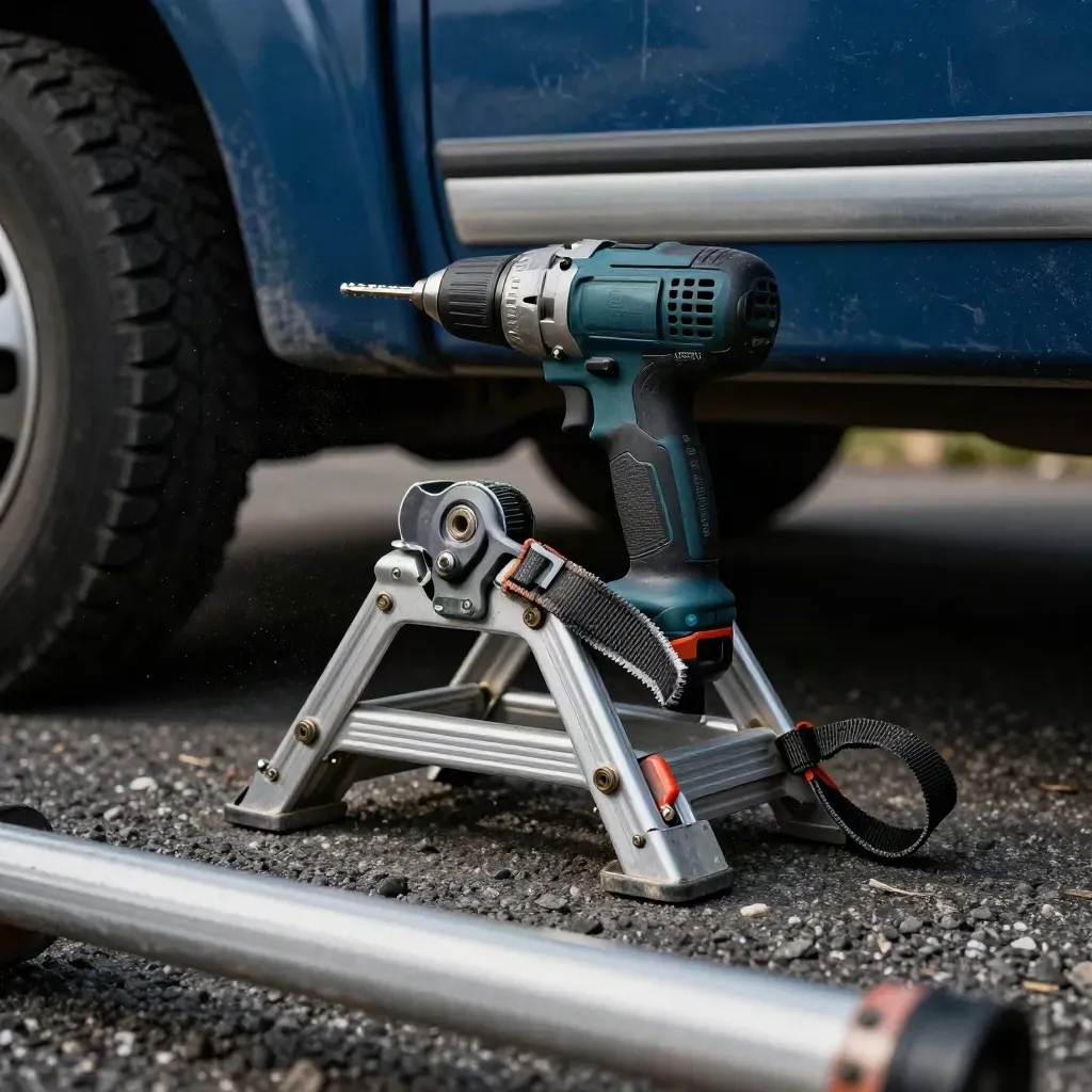 Ladder base, standoff bar, impact driver and tie-down strap beside a site truck