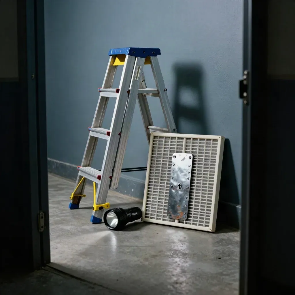 Platform ladder with flashlight, HVAC filter frame and hinge kit in a dim corridor