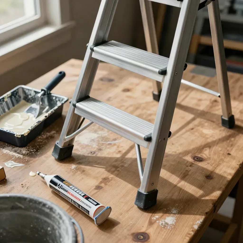Overhead still life of a step ladder, paint tray, gutter scoop, and caulk nozzle on a garage bench.