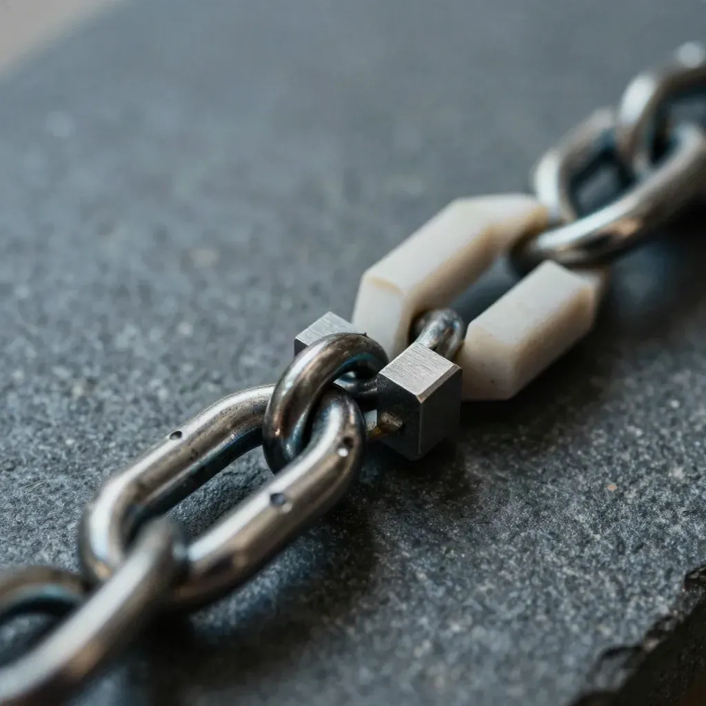 Macro still life of steel rings, snap hooks, and modular blocks on graphite stone.
