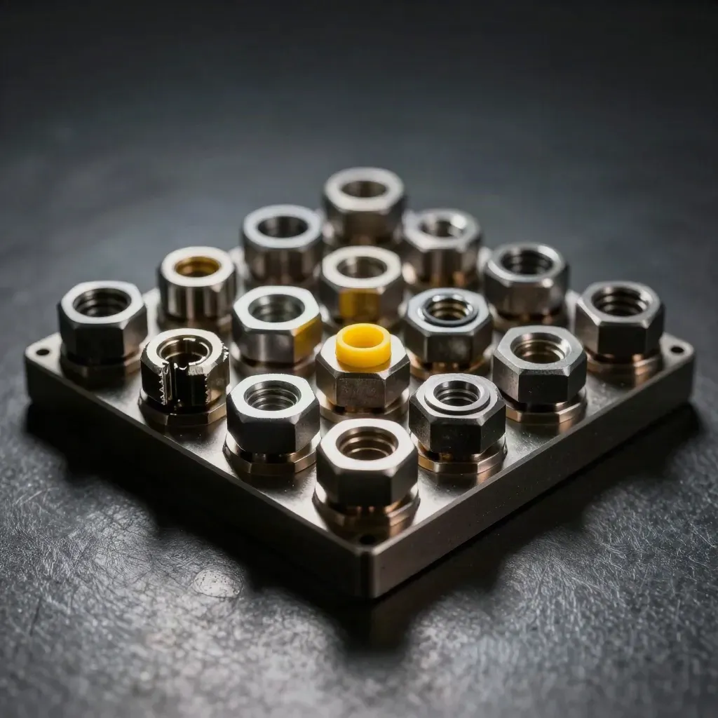 Machined ladder connector plates and pins on brushed steel with a safety-yellow accent.