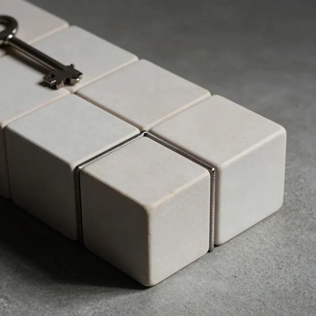 Top-down macro of frosted ceramic blocks, knurled joiners, and a pale stone tile on concrete.