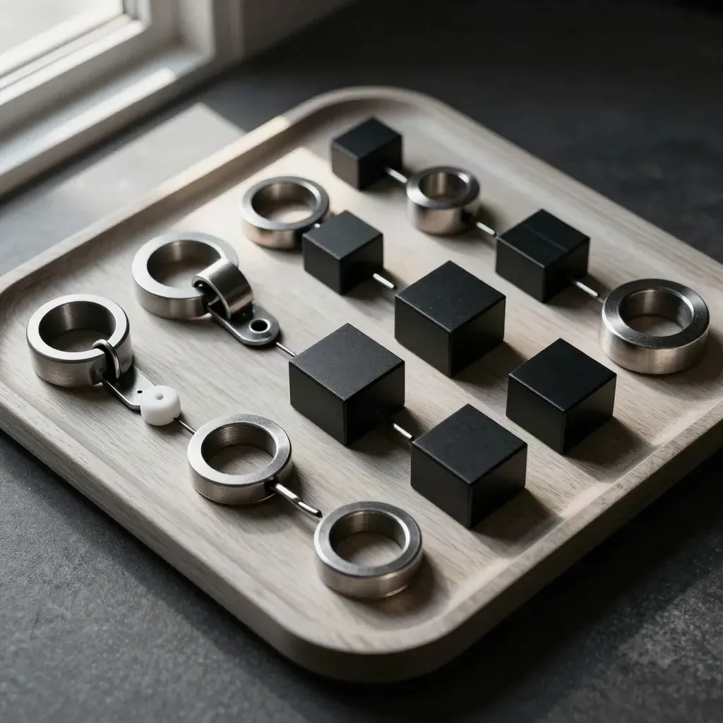 Linked steel rings, brackets, and matte black cubes on a pale wood tray.